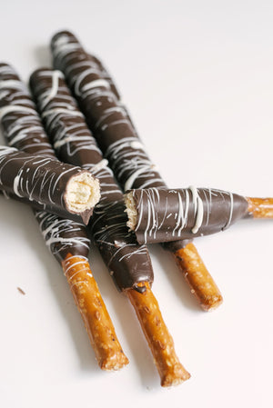 Caramel & Chocolate Dipped Pretzel Rods